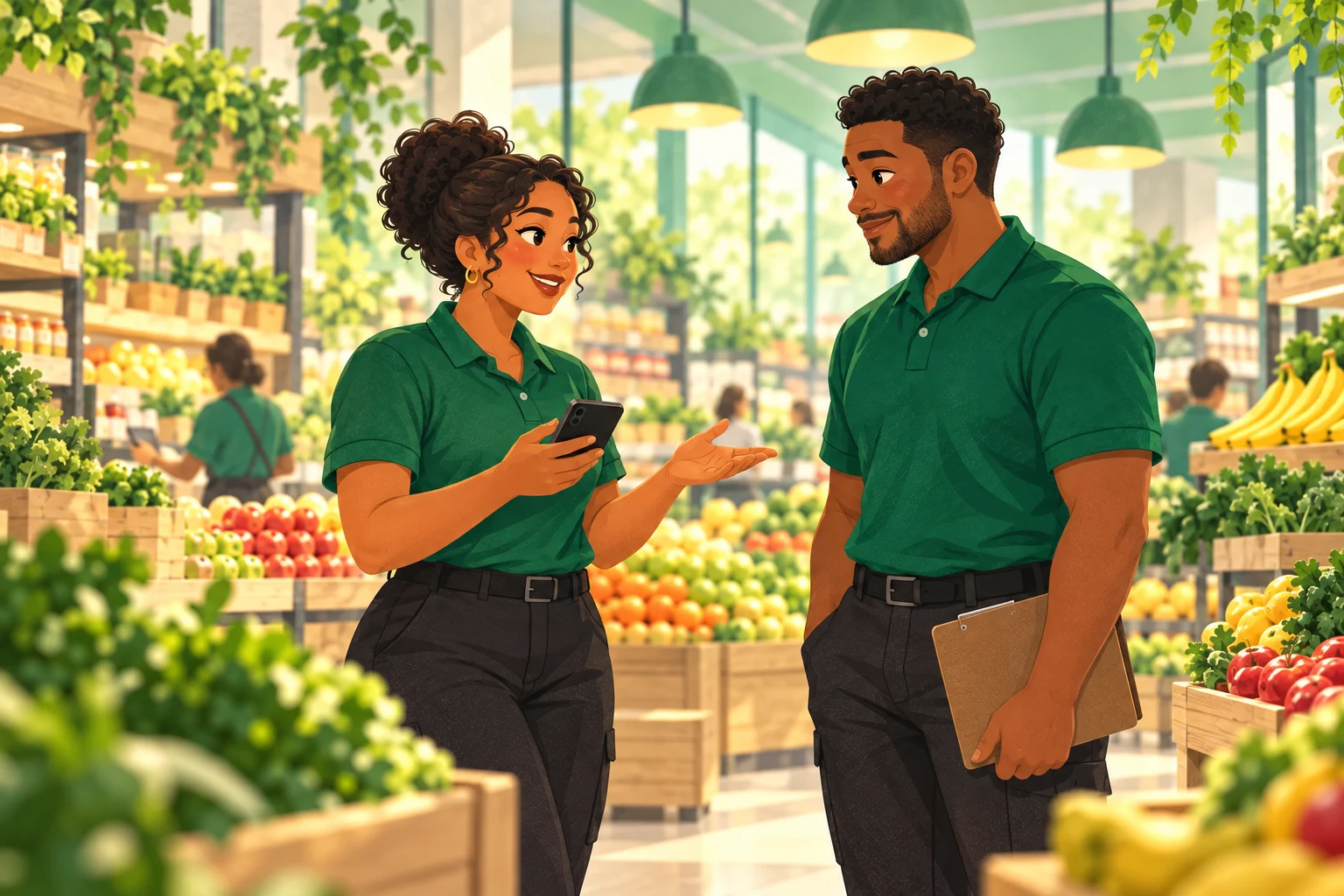 Illustration of two grocery leaders sharing context at the end of a shift.