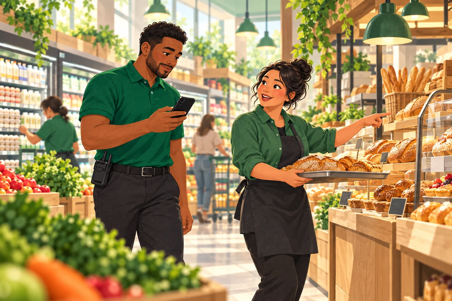 Illustration of a grocery manager capturing a follow-up while a bakery colleague needs his attention.