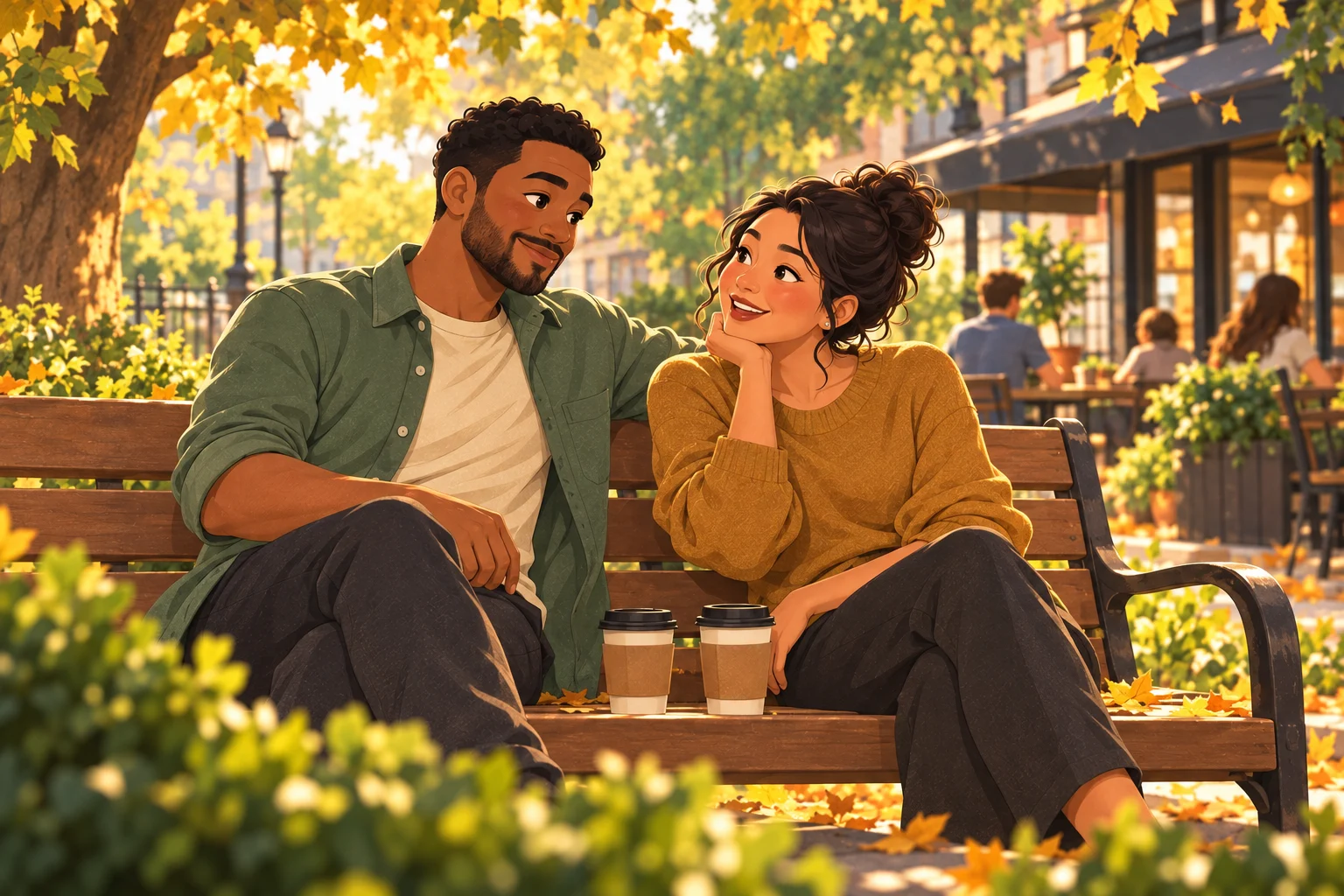Illustration of a retail manager enjoying time away from work in an autumn park.