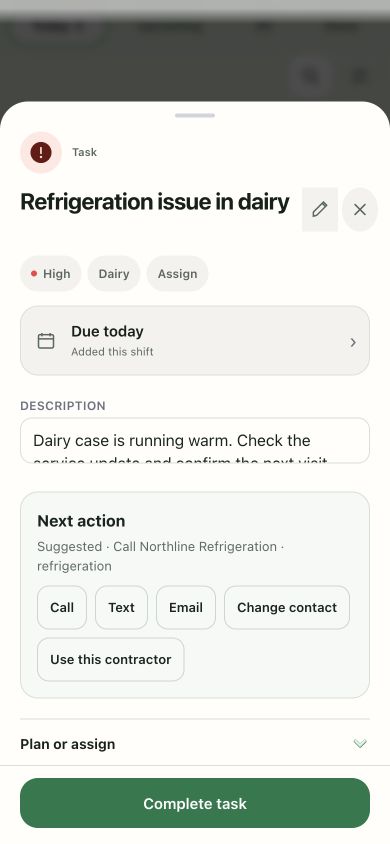 Refrigeration task in Taldi with a saved Northline Refrigeration contact suggestion