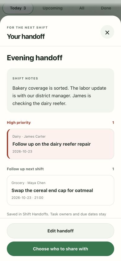 Taldi saved shift handoff with a high-priority dairy item and regular Grocery endcap task