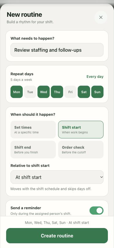 Actual Taldi routine setup in light mode, with timing around a saved shift