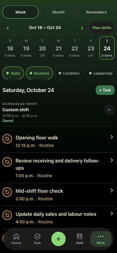 Actual Taldi saved work schedule in dark mode