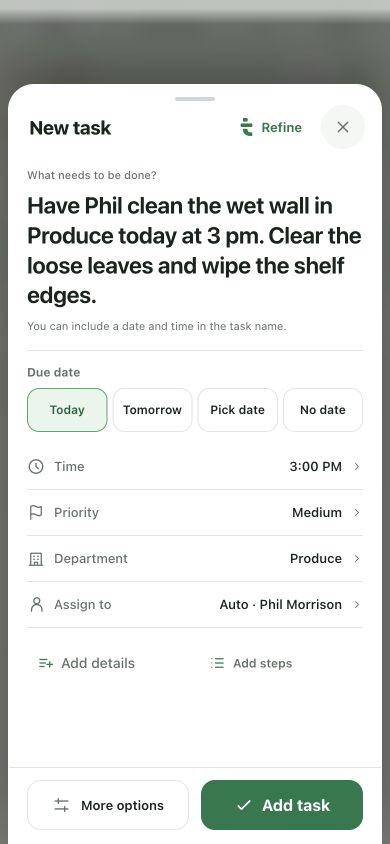 Actual Taldi New task screen with Phil, Produce and 3 pm detected
