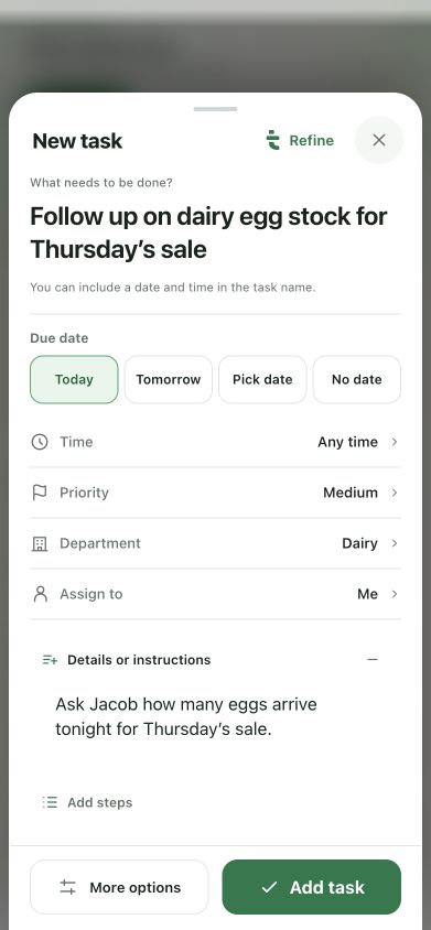 Taldi task composer with a dairy egg-stock follow-up, due date, department and instructions.